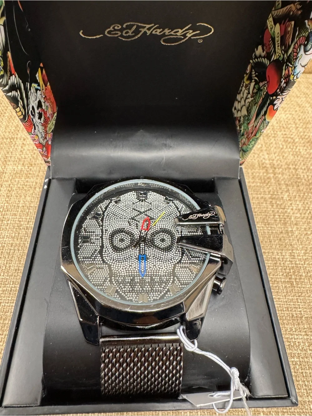 Ed Hardy Men’s Quartz Skull Dial Watch Black Mesh Band 46mm 30m Box……Retails $95